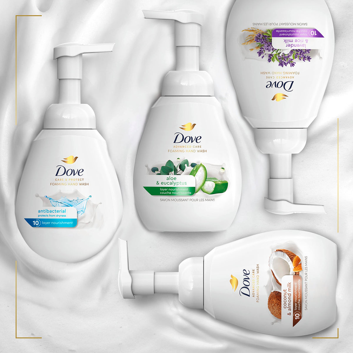 Dove bottles on bathroom shelf conveying daily use and family-friendly care