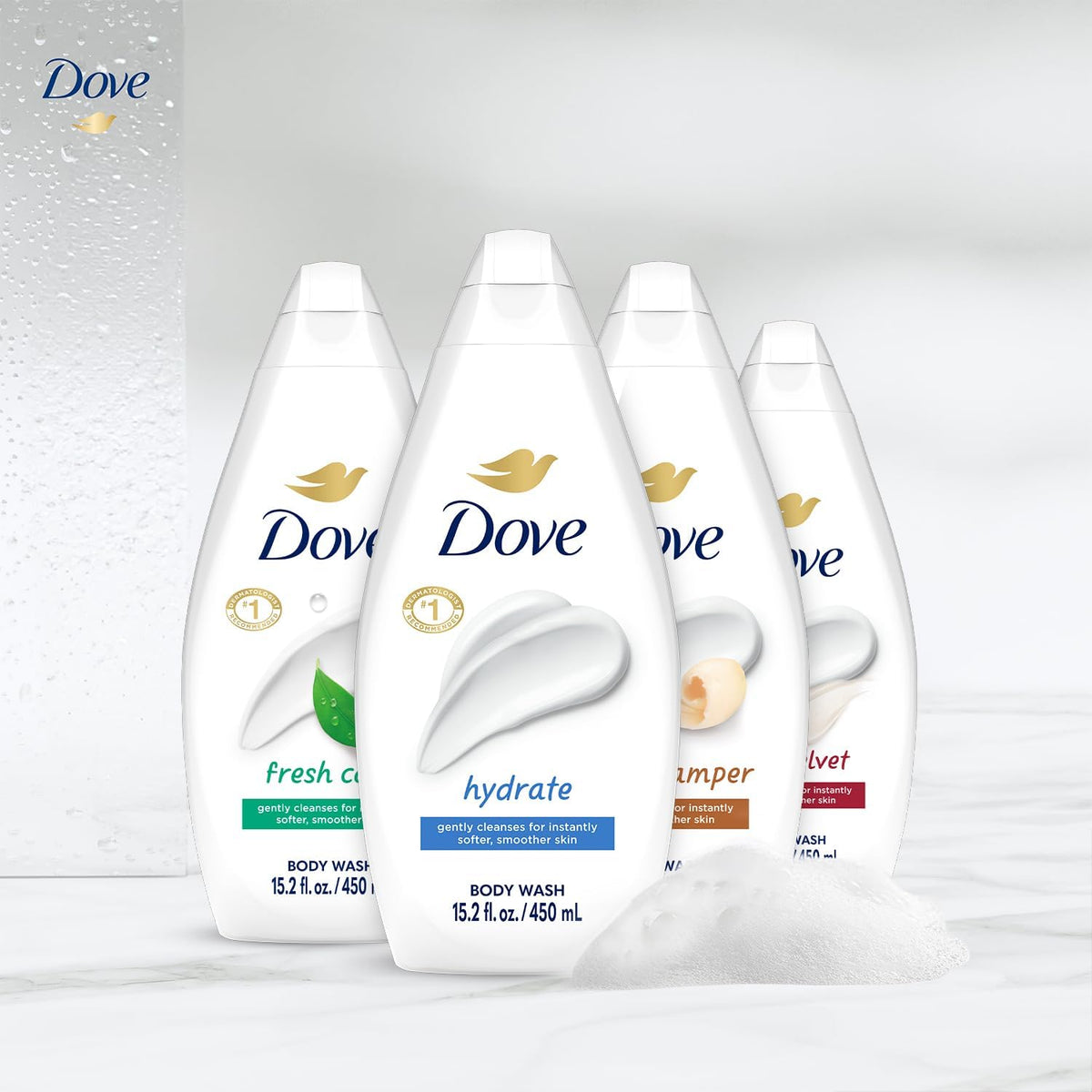 Dove Fresh Care bottle on shower shelf suggesting invigorating freshness