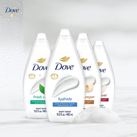 Dove Fresh Care bottle on shower shelf suggesting invigorating freshness