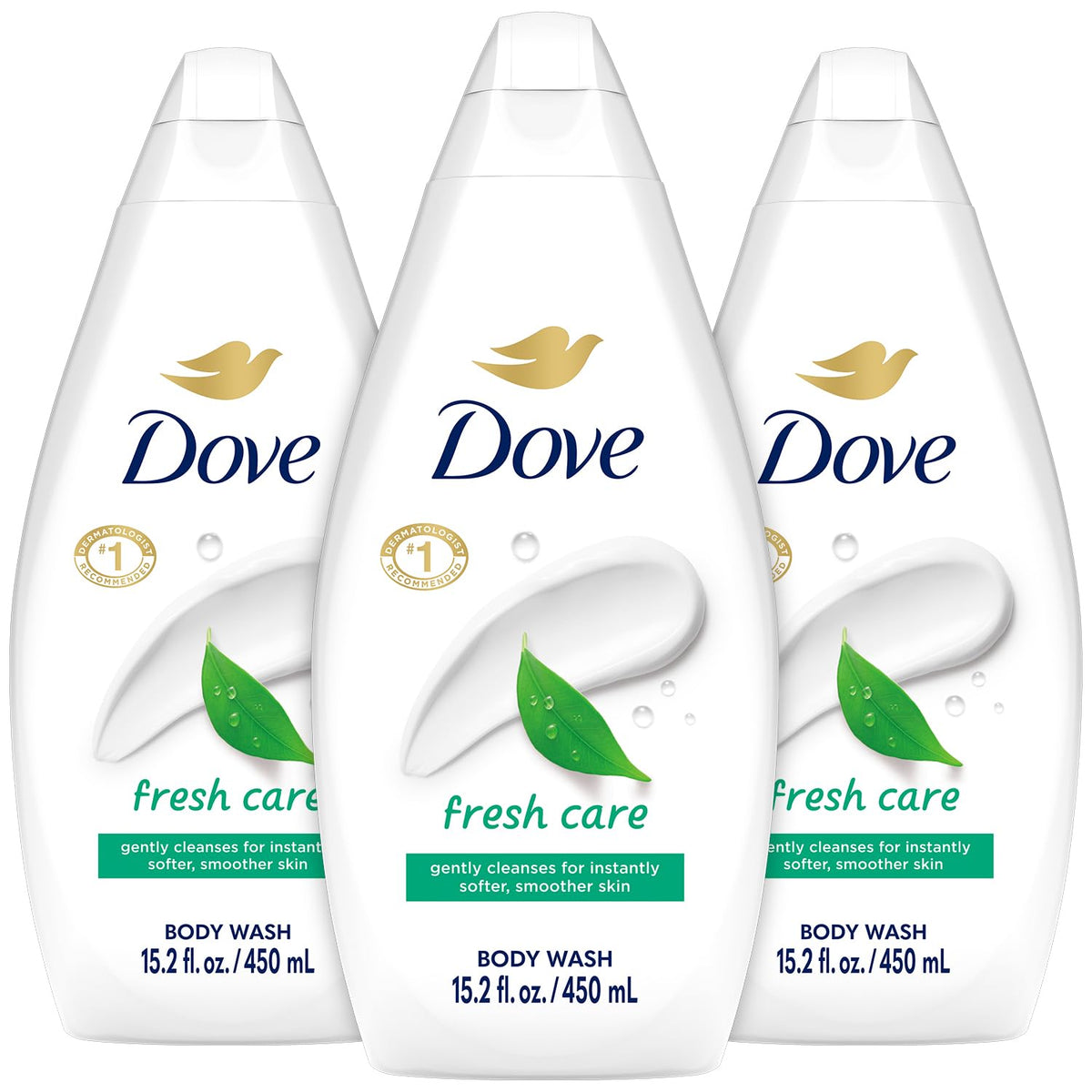 Dove front packaging showing three bottles and clear product benefit