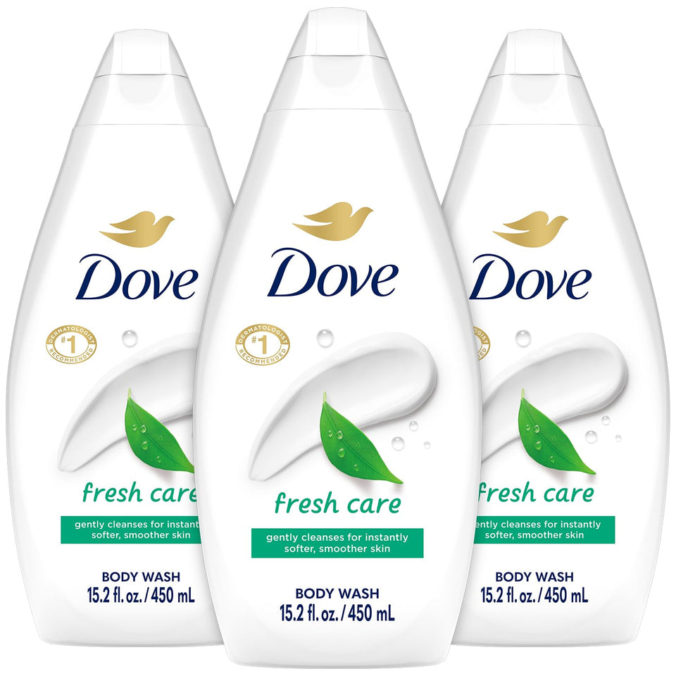 Dove front packaging showing three bottles and clear product benefit