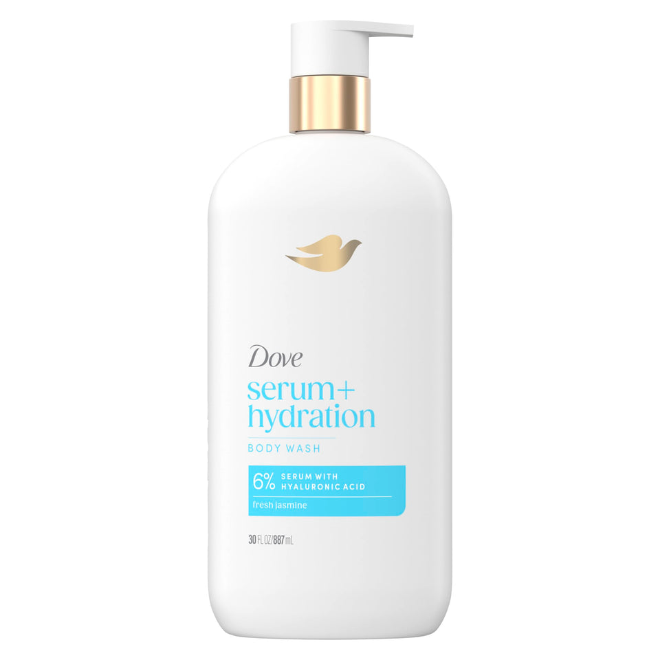 Dove front bottle hydration boost showing size and floral-dewy scent benefit