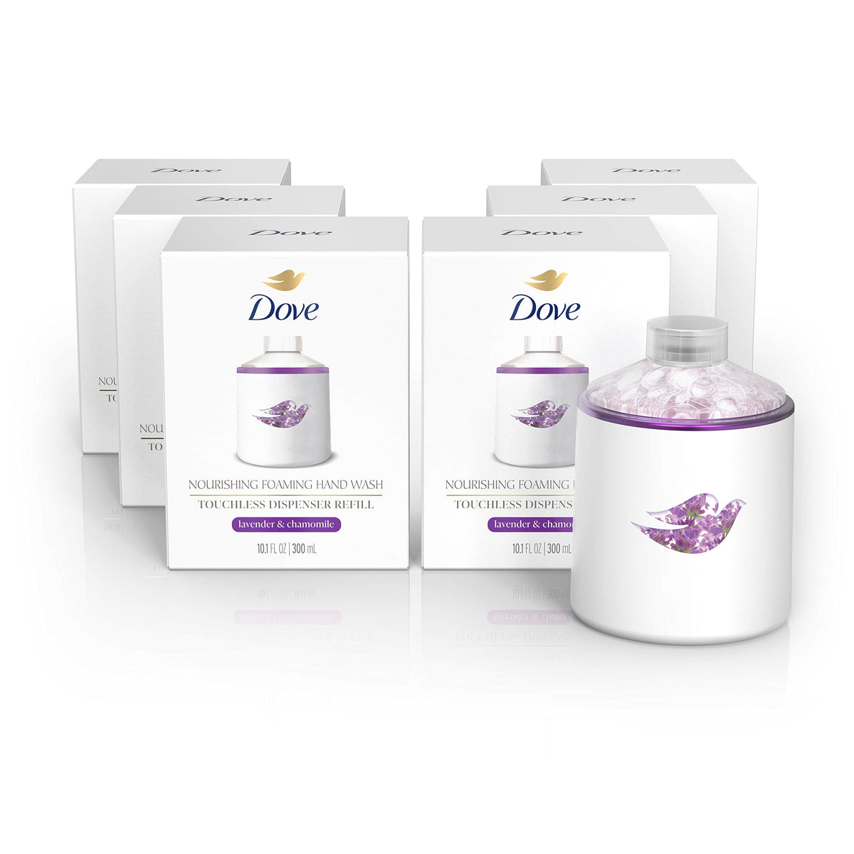 Dove refill front packaging showing lavender chamomile scent and benefit of gentle cleansing