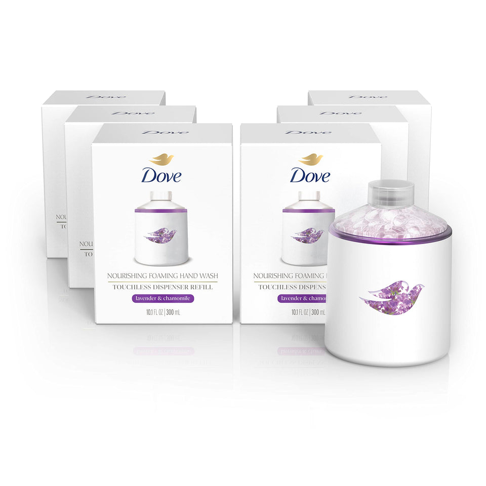 Dove refill front packaging showing lavender chamomile scent and benefit of gentle cleansing