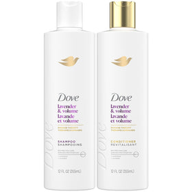 Dove front packaging showing lavender volume set and visible benefits
