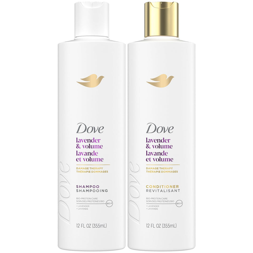 Dove front packaging showing lavender volume set and visible benefits