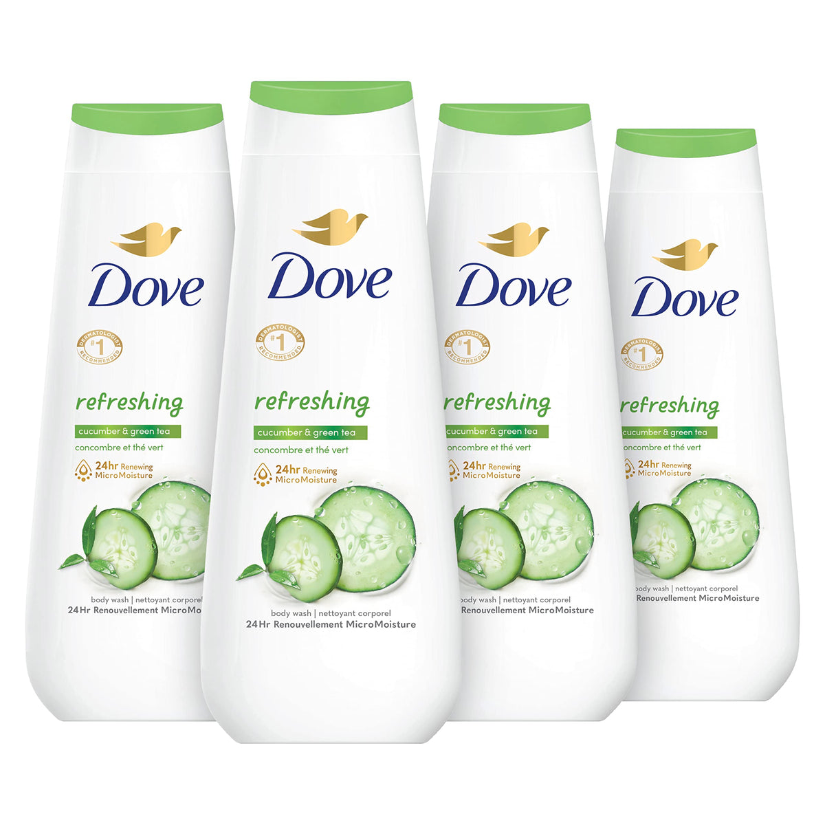 Dove front packaging showing refreshed cucumbers and green tea scent benefit hydration