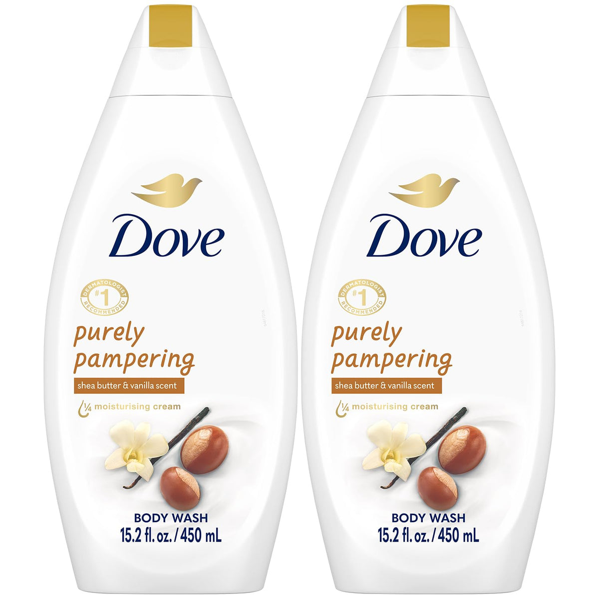 Dove bottle front packaging showing shea butter and vanilla benefits