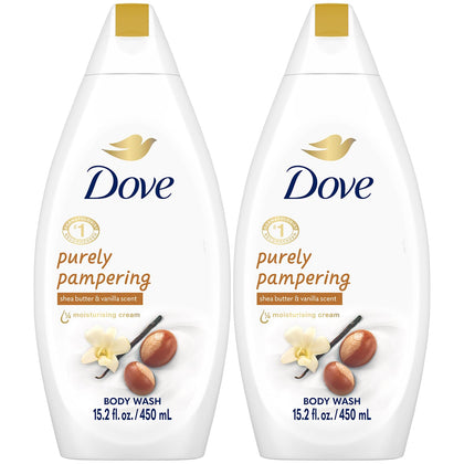 Dove bottle front packaging showing shea butter and vanilla benefits