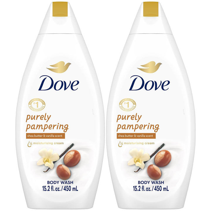 Dove bottle front packaging showing shea butter and vanilla benefits