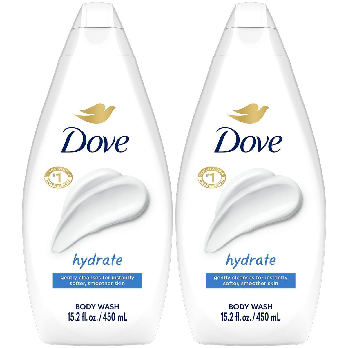 Dove front packaging showing two 15.2 oz bottles and moisturizer benefits