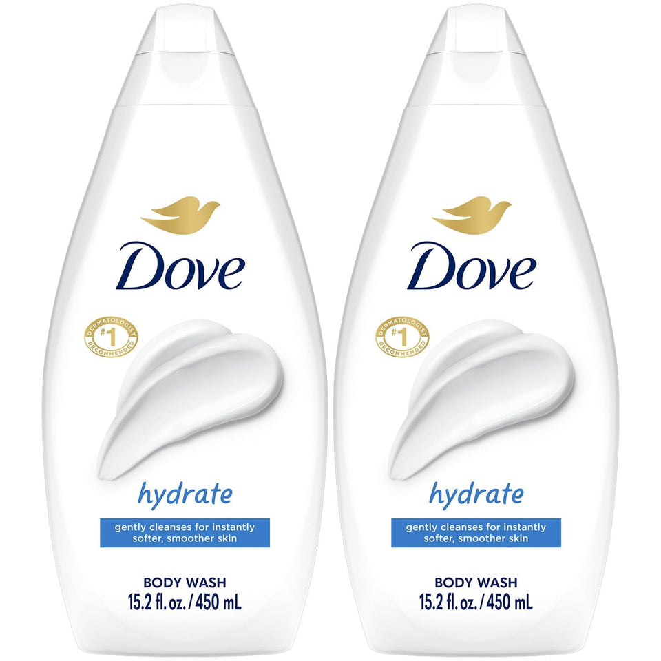 Dove front packaging showing two 15.2 oz bottles and moisturizer benefits