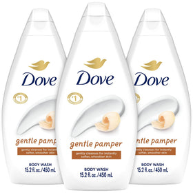 Dove front packaging showing three bottles and moisturizing benefits