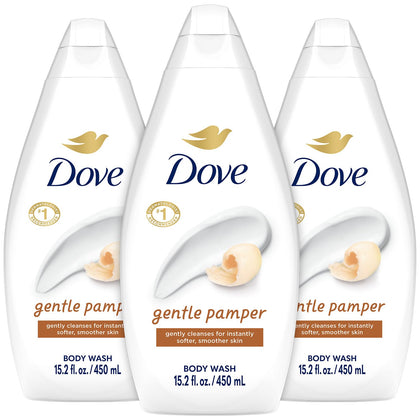 Dove front packaging showing three bottles and moisturizing benefits