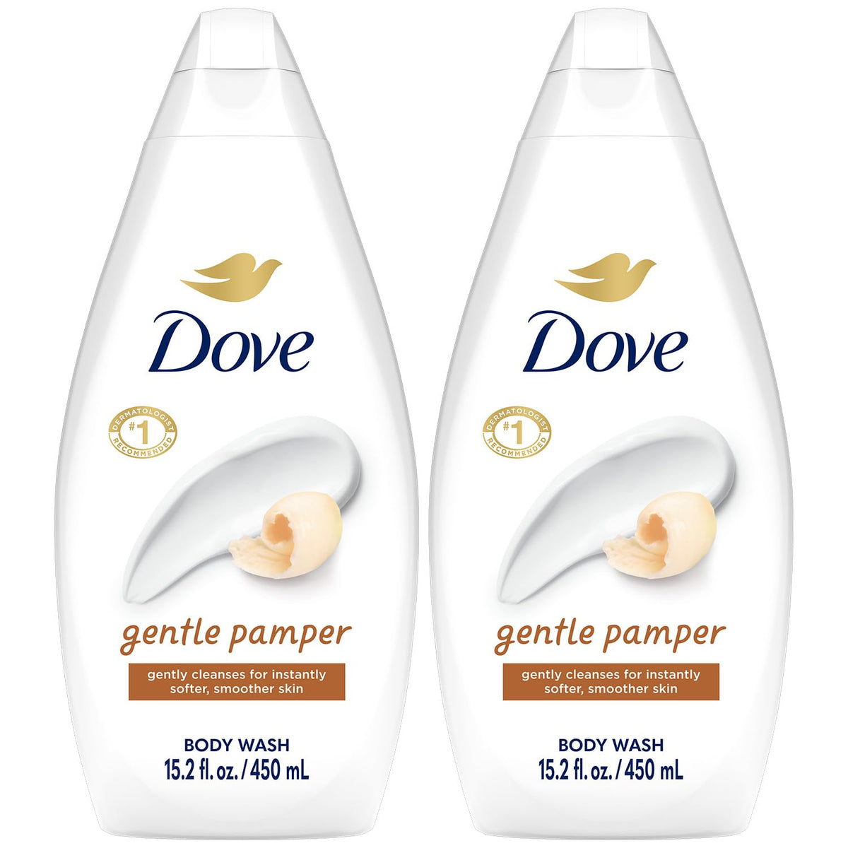 Dove bottle front packaging showing gentle vanilla and moisturizing claim
