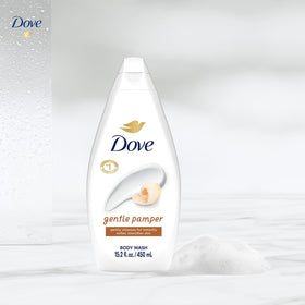 Dove body wash in shower on a loofah showing easy cleanse benefit