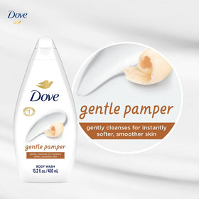 Two Dove Gentle Pamper bottles on bathroom shelf showing value pack benefit