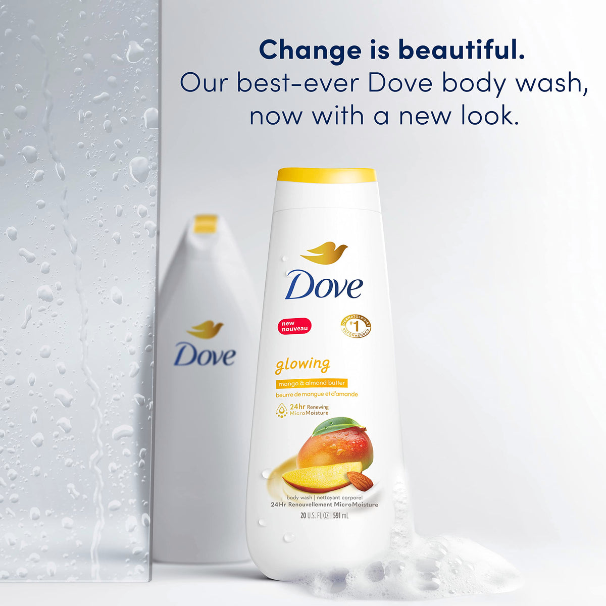 Dove bottle dispensing creamy lather closeup demonstrating rich foam