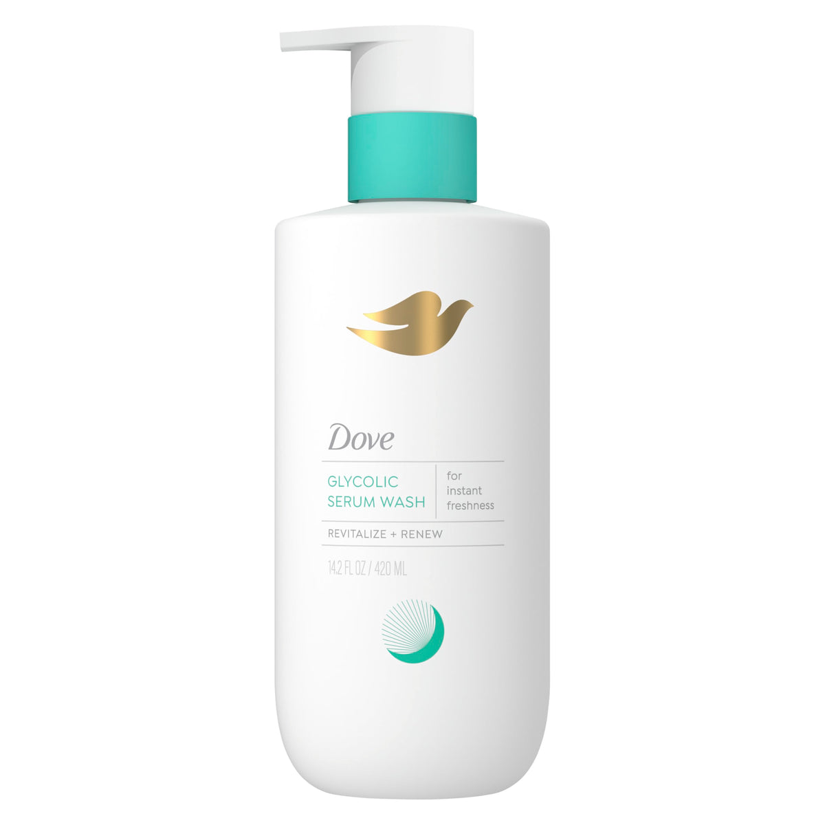 Dove bottle front view showing label and 14.2 oz size for clear product identification