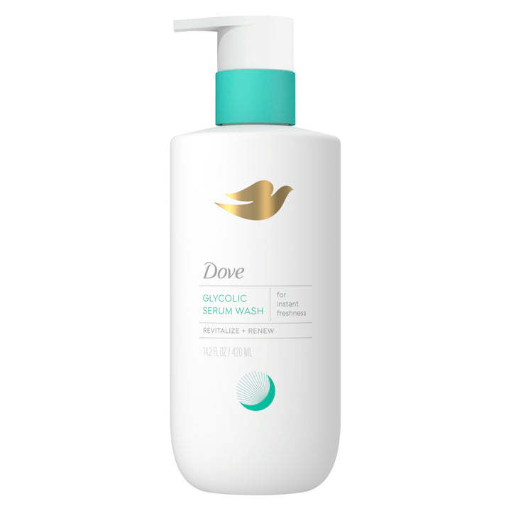 Dove bottle front view showing label and 14.2 oz size for clear product identification