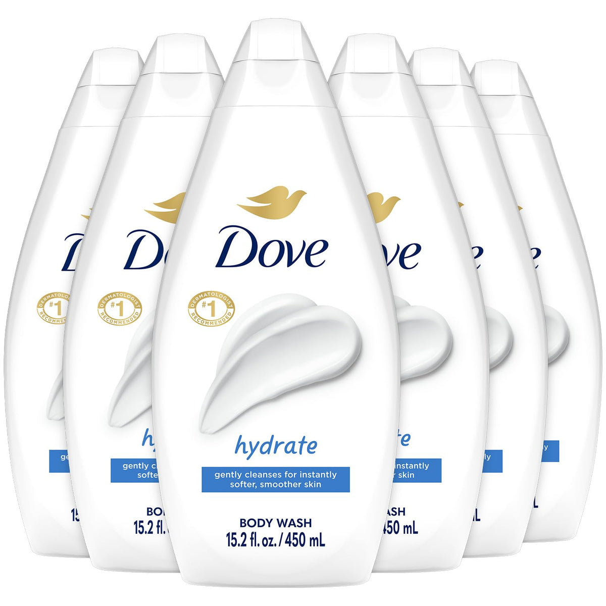 Dove hydrate front packaging showing six bottles and fresh scent benefit