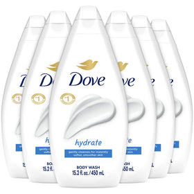 Dove hydrate front packaging showing six bottles and fresh scent benefit