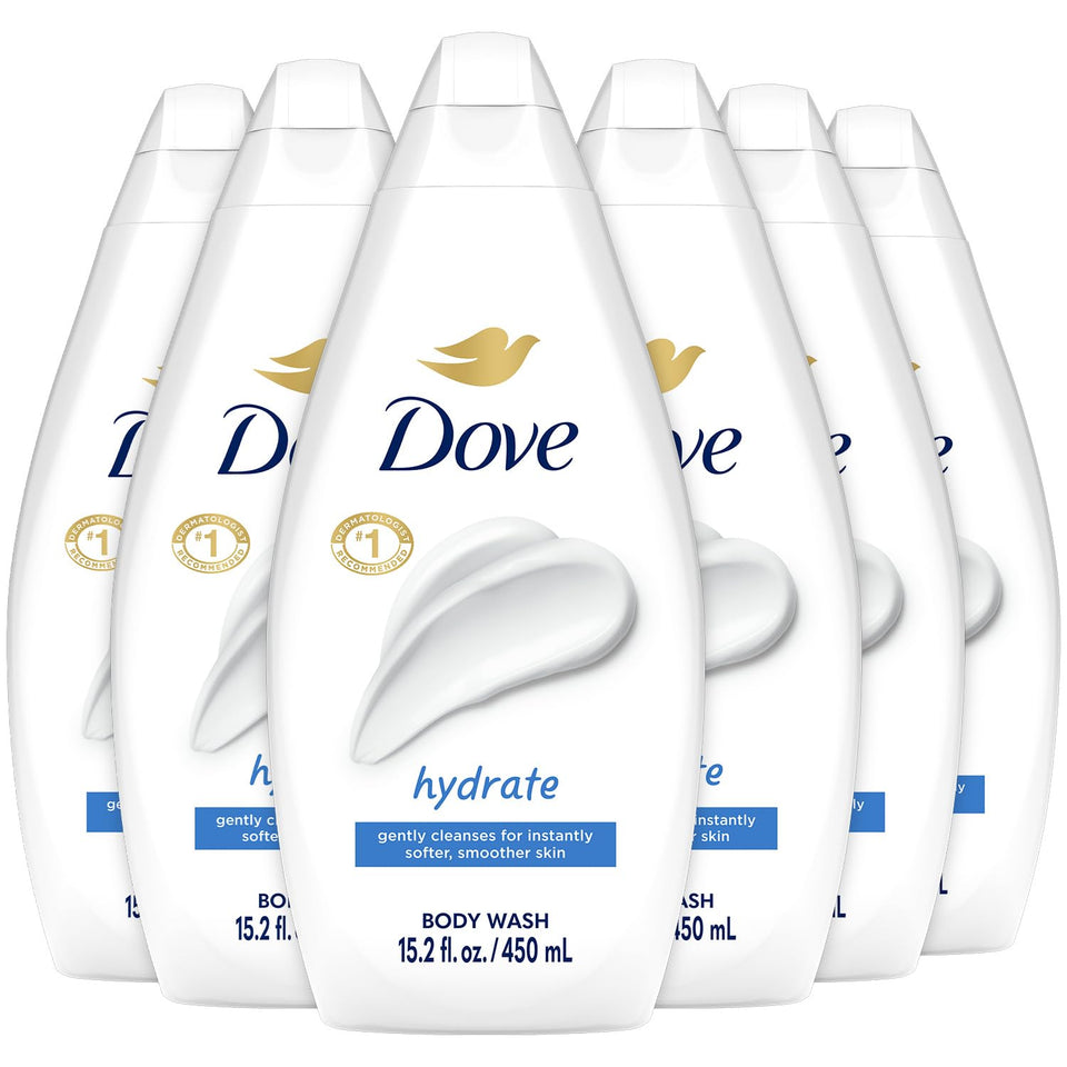 Dove hydrate front packaging showing six bottles and fresh scent benefit