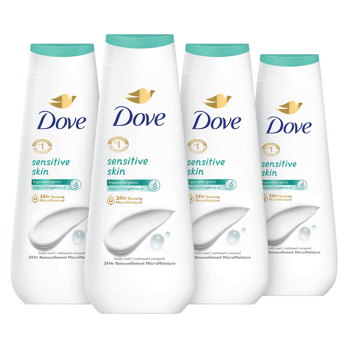 Dove hypoallergenic body wash front packaging showing bottle and benefits