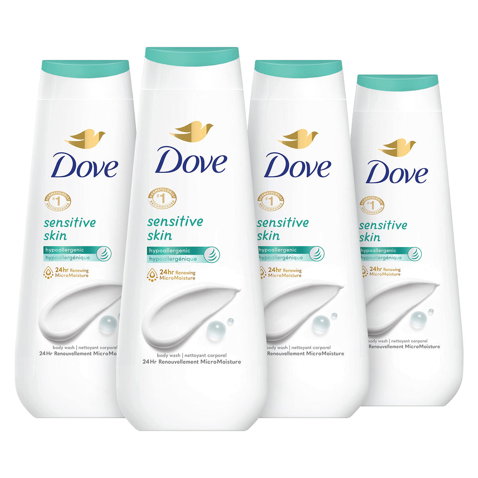 Dove hypoallergenic body wash front packaging showing bottle and benefits