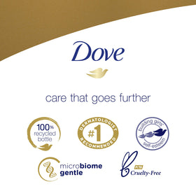 Shea butter and vanilla pods beside Dove bottle, indicating natural moisturizers
