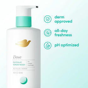 Closeup of Dove ingredients label highlighting 2% glycolic acid and expert formulation