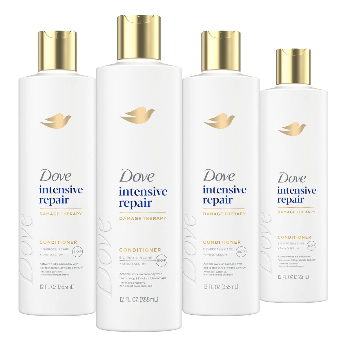 Dove front packaging showing four 12 oz bottles and product benefits