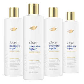 Dove front packaging showing four 12 oz bottles and product benefits