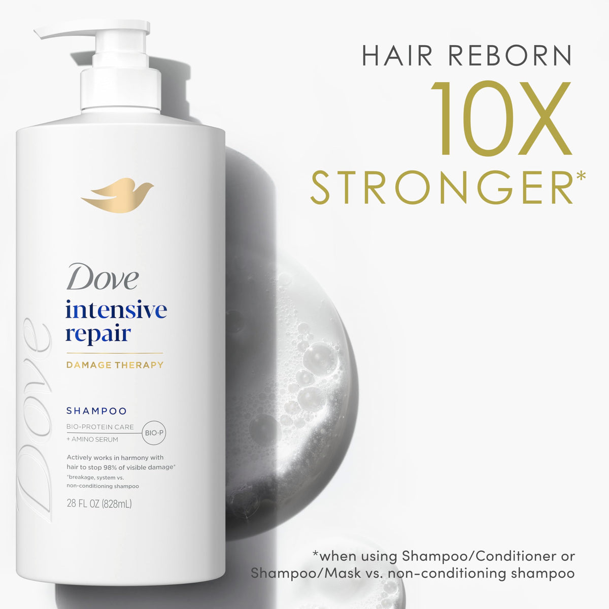Hand dispensing Dove shampoo showing easy pump use and product amount