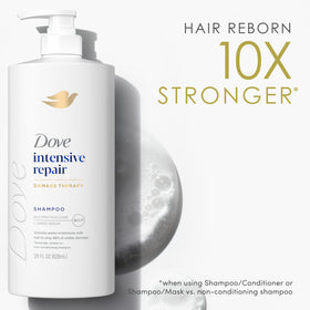 Hand dispensing Dove shampoo showing easy pump use and product amount
