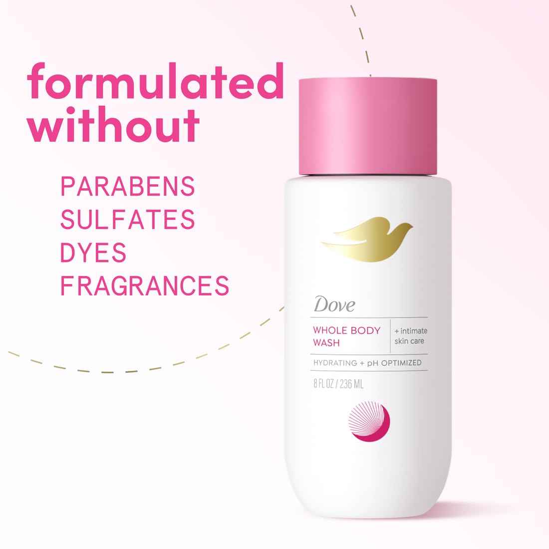 Closeup of Dove intimate wash label highlighting ingredient simplicity and safety