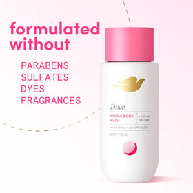 Closeup of Dove intimate wash label highlighting ingredient simplicity and safety