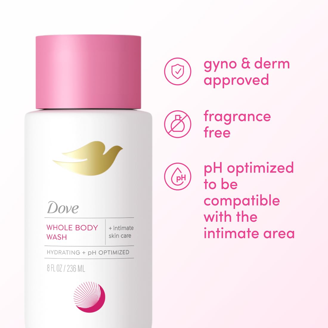 Dove intimate wash beside hand for scale showing 8 oz size clarity