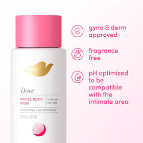 Dove intimate wash beside hand for scale showing 8 oz size clarity
