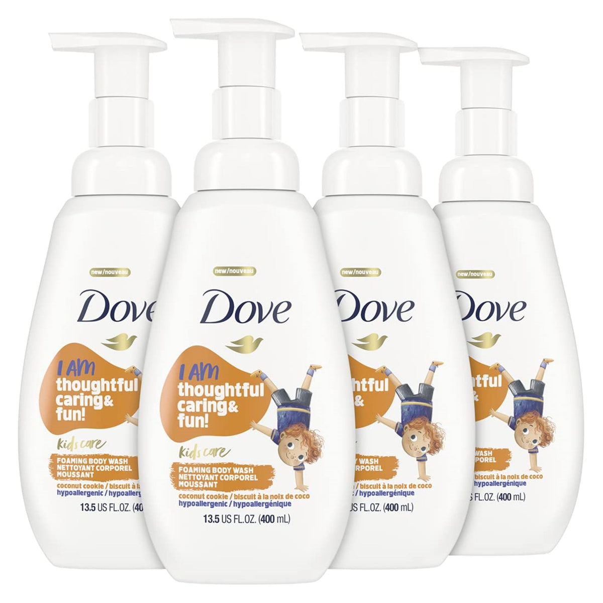 Dove kids front packaging showing coconut cookie scent and four-count convenience