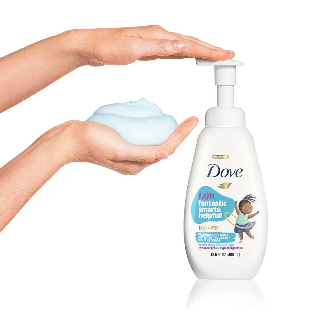 child using dove pump in bath illustrating easy foaming and less mess