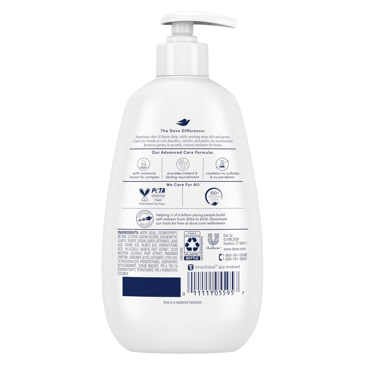 Dove label close-up listing moisturizing ingredients and features