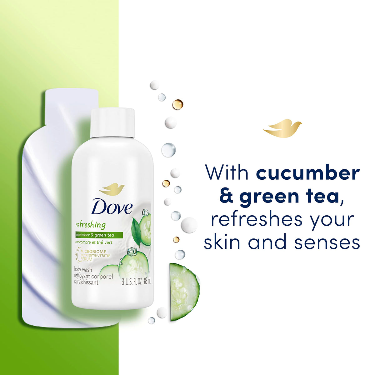 Dove label close-up highlighting recycled bottle and cruelty-free benefit