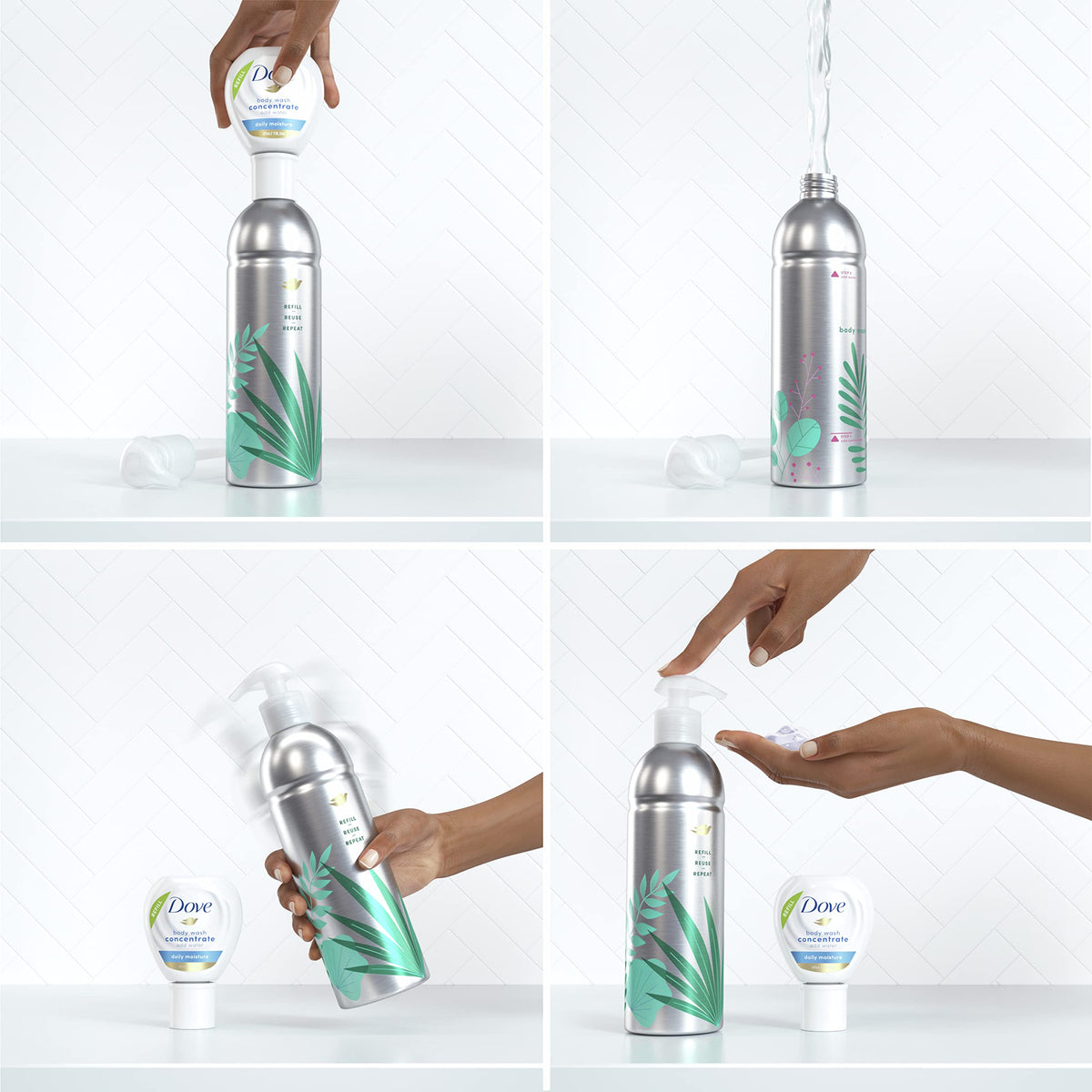Dove refills on bathroom shelf with reusable bottle for sustainable routine