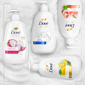 Dove hand wash at bathroom sink emphasizing refreshing tropical scent