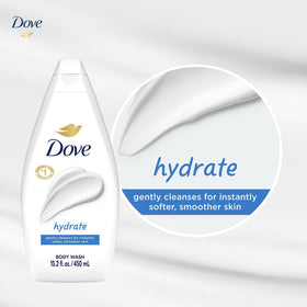 Dove in bathroom setting conveying calming routine and hydrated skin benefit