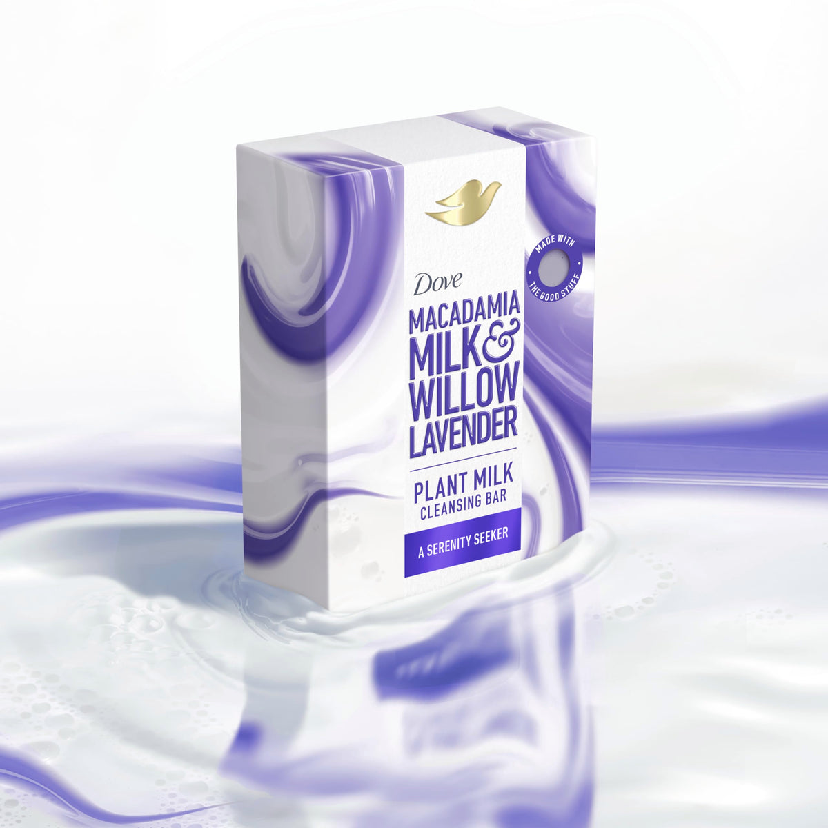 Dove bar in hand under water showing gentle cleansing and soft skin benefit