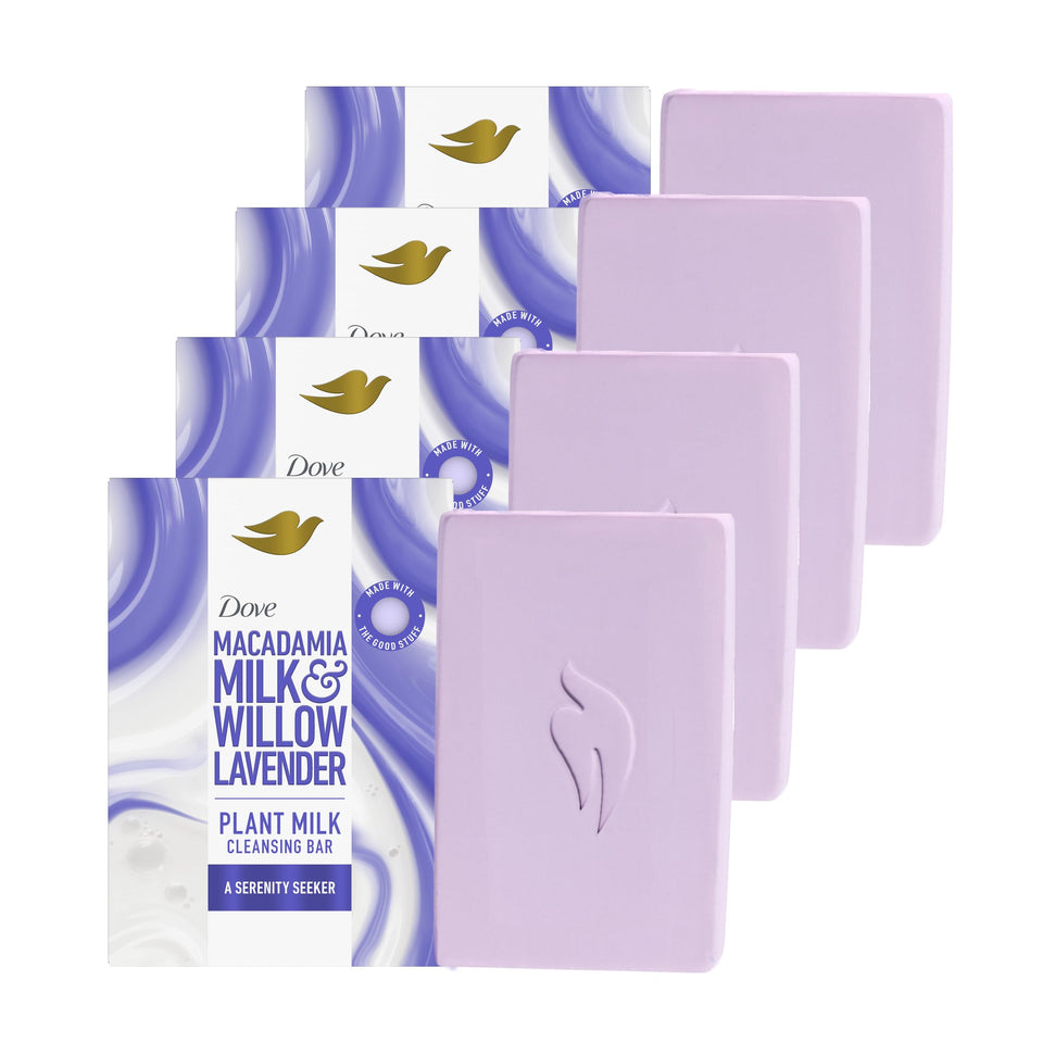 Dove front packaging showing macadamia milk and willow lavender scent benefits