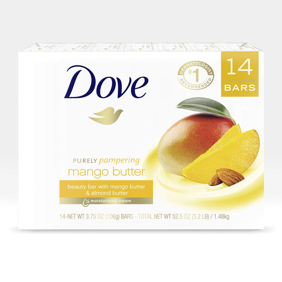 Dove mango butter front packaging showing 14 bars and moisturizing benefit