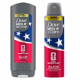 Dove Men+Care front packaging showing limited‑edition FIFA design and product pairing benefits